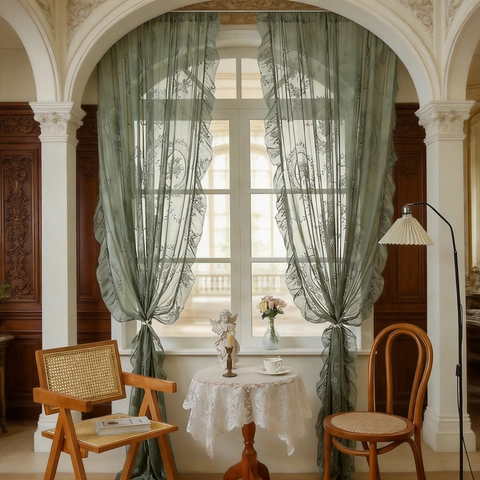 French Pastoral Lace Sheer Curtains For Living Room Bedroom Vintage Floral Embroidery Ruffle Semi-shading Polyester Window Drapes