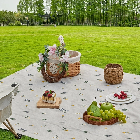 Weizen Bestickung Leinen Picknickdecke Faltbare Outdoor Stranddecke Pastoral Floral Camping Bodenmatte Reise Zubehör