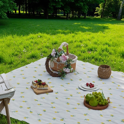 Waterdichte Verdikte Picknickmat Zonnebloem Geborduurd Outdoor Kampeerdeken Pastorale Stijl Bloemen Grasmat Draagbare Reis Strand Excursie