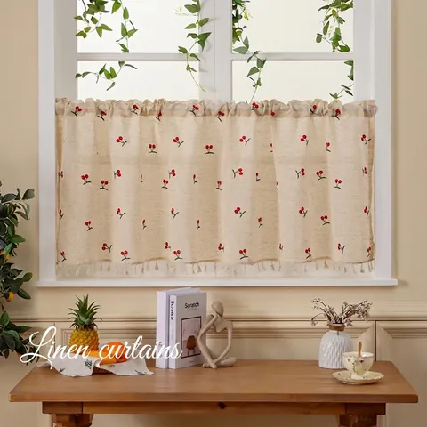 Embroidered Cafe Curtain Linen Look Short Window Treatment Cherry Pineapple Pattern Tassel Trim Rod Pocket Kitchen Decor