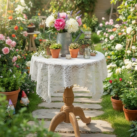 Nappe en Dentelle Blanche Rétro Français Avec Broderie Florale Évidée Chemin de Table Romantique Pour Table à Manger Jardin Décoration Maison