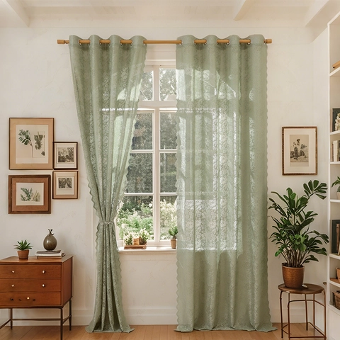 Modern Minimalist Floral Lace Window Curtains Pastoral Sage Green White Semi Sheer Grommet Top Voile Drapes For Bedroom Home Decor