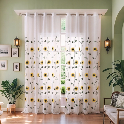 American Rural Embroidered Sunflower Tulle Curtain For Living Room Bedroom White Semi Sheer Window Treatment Panel