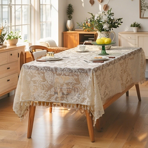Nappe en Dentelle de Bohême Vintage Français Ajouré Broderie Florale Nappe Avec Franges pour Mariage Fête Maison Décor