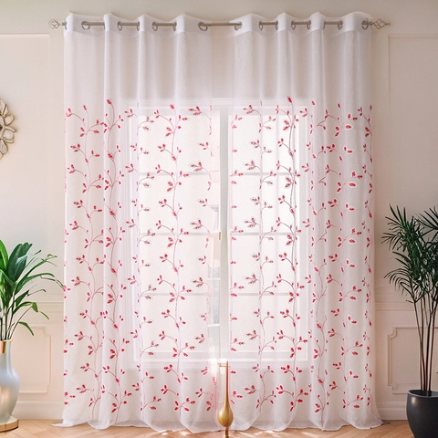 American Country Embroidered Sheer Curtain Polyester Floral Sunflower Vine Leaf Pattern Grommet Top Window Screening For Living Room Bedroom Home Decor