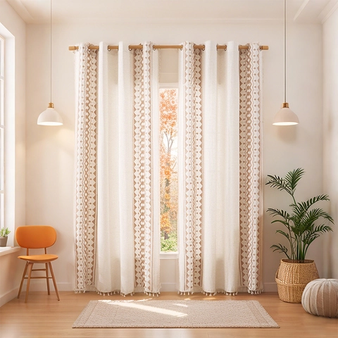 Cortina de Lino Bordada Bohemio Patrón de Diamante Geométrico con Ollados Semi-Opaco Panel de Ventana con Borlas Para Sala
