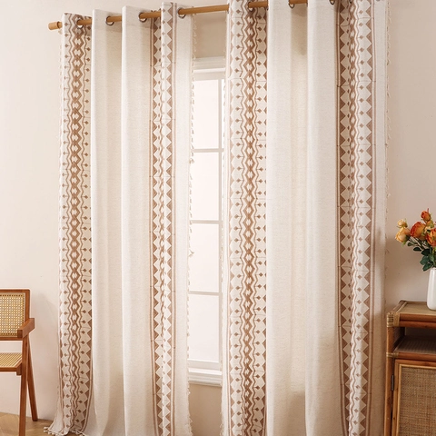 Cortina de Lino Bordada Bohemio Patrón de Diamante Geométrico con Ollados Semi-Opaco Panel de Ventana con Borlas Para Sala