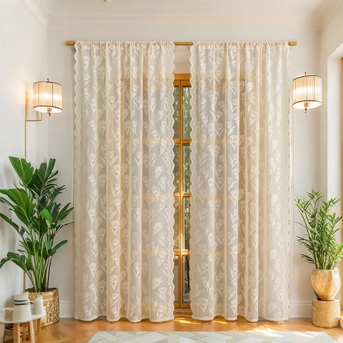 French Vintage Tulip Lace Sheer Curtains Scalloped Edge Light Filtering Privacy Window Voile Panels For Bedroom Living Room