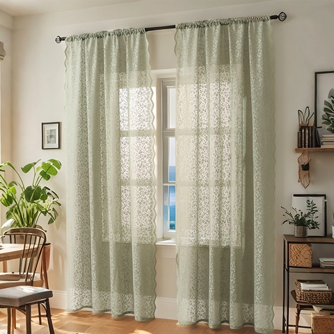 French Pastoral Style Small Floral Lace Sheer Curtains For Living Room Bedroom Light Filtering Scalloped Edge Window Drapes