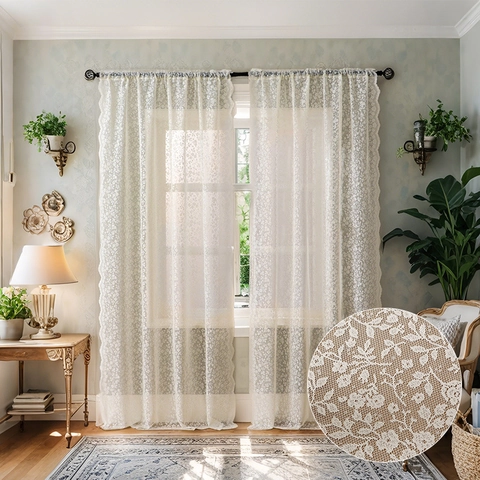 Cortinas Trasparentes de Encaje Floral Vintage Francés Borde Festoneado Filtración de Luz Voile Para Sala Dormitorio