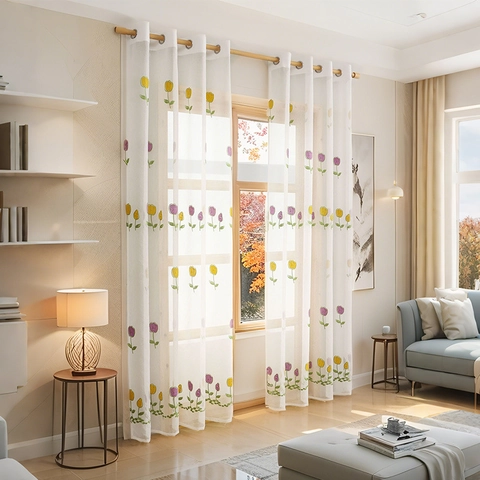 Embroidered Tulip Sheer Curtains White Voile Curtains With Grommet Top Pastoral Floral Light Filtering Window Treatment