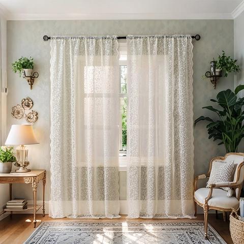 Cortinas Trasparentes de Encaje Floral Vintage Francés Borde Festoneado Filtración de Luz Voile Para Sala Dormitorio