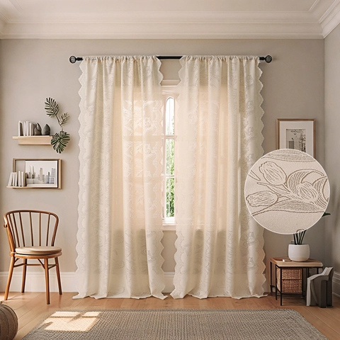 American Vintage Tulip Embroidered Lace Curtains Semi Sheer Scalloped Edge Window Drapes For Living Room Bedroom Home Decor
