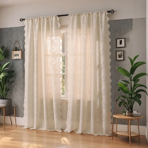 American Vintage Tulip Embroidered Lace Curtains Semi Sheer Scalloped Edge Window Drapes For Living Room Bedroom Home Decor