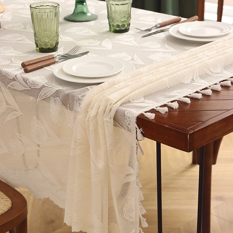 Tovaglia in Pizzo Jacquard a Tulips Vintage Francese Con Nappine Beige Rettangolare Antipolvere Decorativa Casa