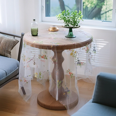 Mantel de Malla Bordada Estilo Ins Blanco Verde Tul Floral Mariposa Cubierta de Mesa para Comedor Cocina Decoración Hogar