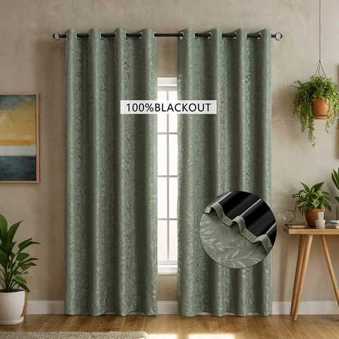 Modern Grommet Blackout Curtains With Jacquard Botanical Leaf Pattern Total Room Darkening Thermal Insulated Window Drapes