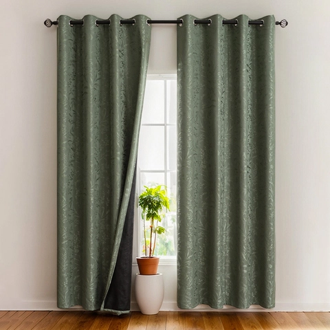 Modern Grommet Blackout Curtains With Jacquard Botanical Leaf Pattern Total Room Darkening Thermal Insulated Window Drapes