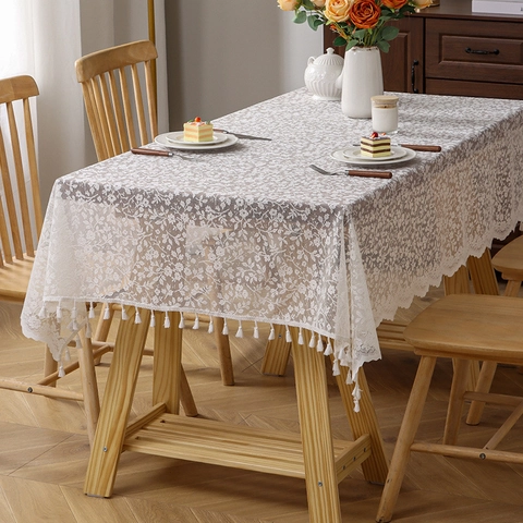 Französisch Vintage Spitzen Tischdecke Mit Blumenmuster Und Quasten Polyester Jacquard Tischabdeckung Für Esszimmer Deko