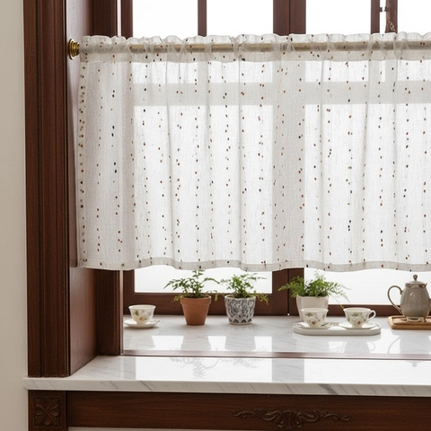 Retro Ins Stijl Koffiegordijn Gekleurde Sugar Bean Borduurwerk Kort Deurgordijn Polyester Wit Half-Transparant voor Keuken Slaapkamer Huisdecoratie