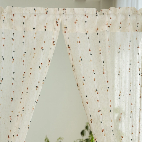 Vintage Japanse Stijl Polyester Deurgordijn Met Gekleurde Pompons Roede-pocket Half Gordijn Voor Keuken Slaapkamer Decoratie