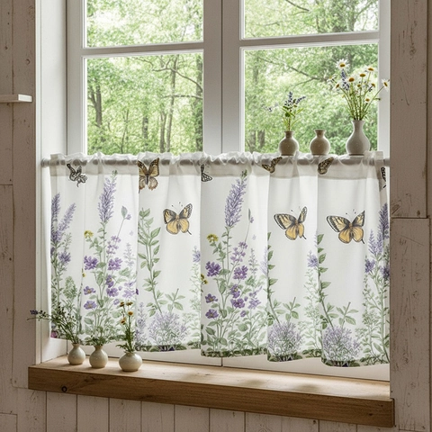 Amerikanischer Pastoraler Stil Polyester Kaffeevorhang Lavendel Schmetterlingsdruck Halbtransparenter Kleiner Fenstervorhang Für Die Küche