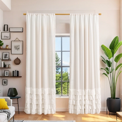White Ruffle Tiered Skirt Cafe Curtains Polyester Semi Shading Window Treatment For Living Room Kitchen Bedroom Home Decor