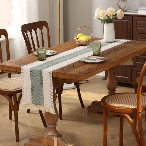 Modern Minimalist Woven Polyester Table Runner With Tassels Bohemian Striped Hollow Out Table Runner For Dining Room Home Decor