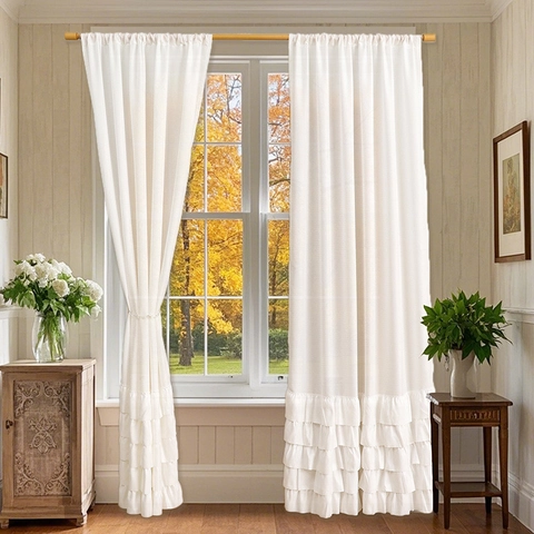 White Ruffle Tiered Skirt Cafe Curtains Polyester Semi Shading Window Treatment For Living Room Kitchen Bedroom Home Decor