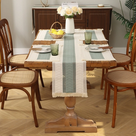 Modern Minimalist Woven Polyester Table Runner With Tassels Bohemian Striped Hollow Out Table Runner For Dining Room Home Decor