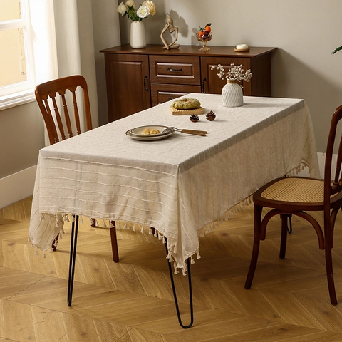 Mantel de Estilo Japonés a Rayas Lino Minimalista Color Sólido Rectangular Con Borlas para Mesa de Comedor Mesa de Centro