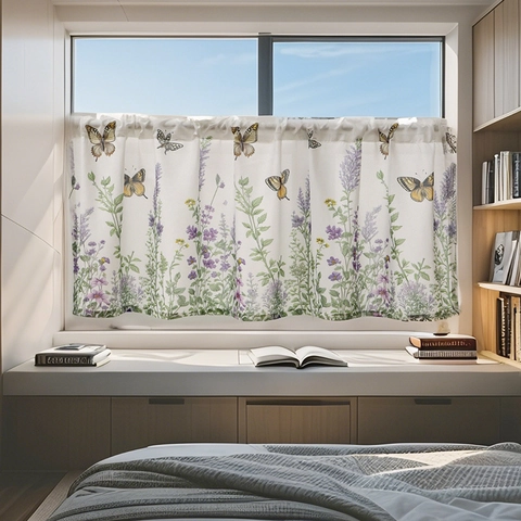 Amerikanischer Pastoraler Stil Polyester Kaffeevorhang Lavendel Schmetterlingsdruck Halbtransparenter Kleiner Fenstervorhang Für Die Küche