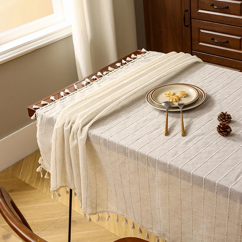Mantel de Estilo Japonés a Rayas Lino Minimalista Color Sólido Rectangular Con Borlas para Mesa de Comedor Mesa de Centro