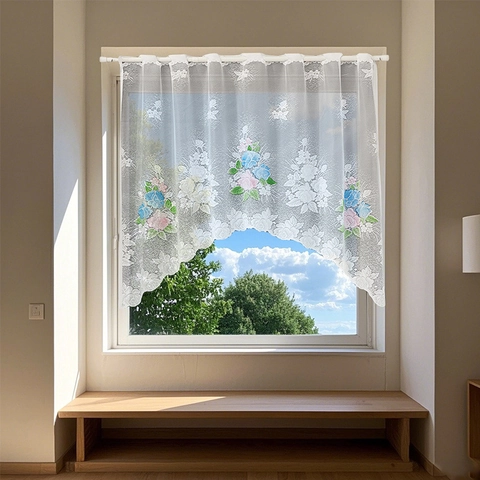Cortina de Café de Encaje Blanco de Estilo Country Americano Con Bordado de Peonía Borde Ondulado Bolsillo para Varilla Semicotransparente Cocina Media Cortina