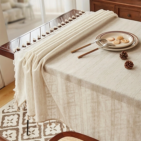 Japanese Style Linen Tablecloth With Tassels Striped Embroidered Waterproof Rectangular Table Cloth For Kitchen Dining Home Decor