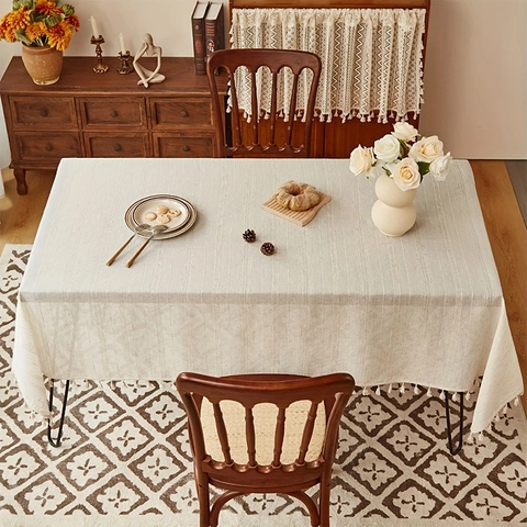 Japanese Style Linen Tablecloth With Tassels Striped Embroidered Waterproof Rectangular Table Cloth For Kitchen Dining Home Decor