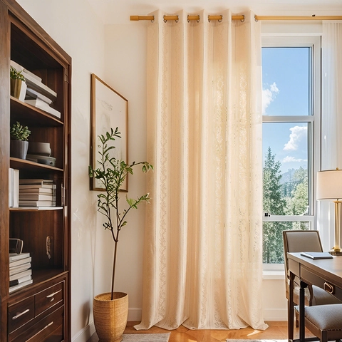 Cortina con Ojales de Estilo Minimalista de Poliéster y Algodón Encaje Calado para Sala de Estar Dormitorio Estampado Floral