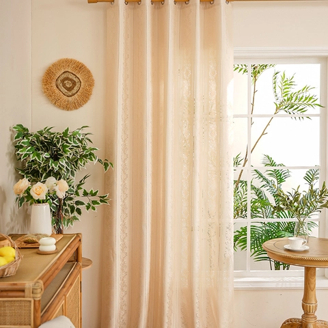 Cortina con Ojales de Estilo Minimalista de Poliéster y Algodón Encaje Calado para Sala de Estar Dormitorio Estampado Floral