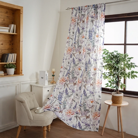 American Pastoral Style Butterfly Floral Printed Polyester Curtain Semi-Blackout Window Drape For Living Room Bedroom