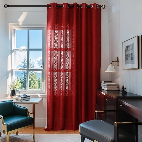 French Vintage Lace Hollow Floral Curtains Polyester Cotton Blend Semi Sheer Grommet Top Striped Window Screen For Living Room Bedroom