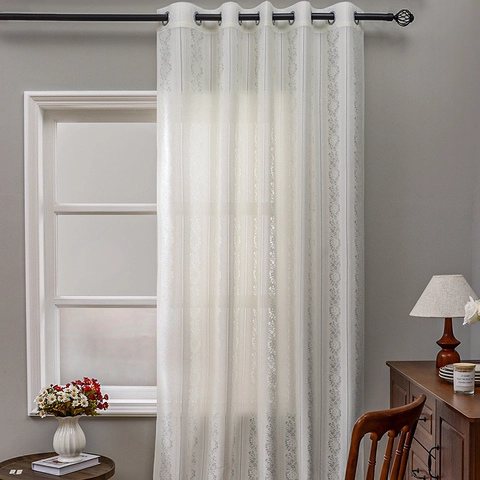Modern Minimalist Polyester Cotton Lace Hollow Out Curtain Semi-Shading Floral Vertical Stripes Grommet Top Gauze Window Treatment