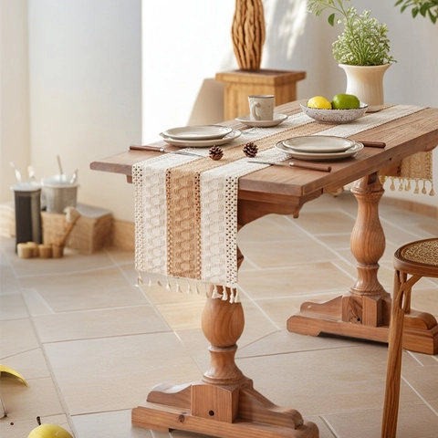 Bohemian Woven Table Runner With Tassels Hollow Out Geometric Khaki Patchwork Table Mat For Dining Room Home Decor