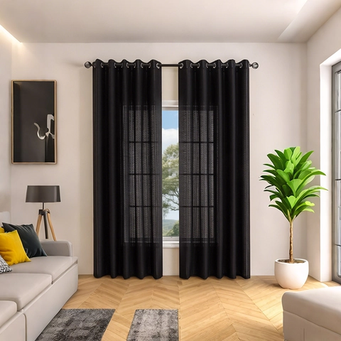 Modern Minimalist Polyester Cotton Blend Sheer Curtains Vertical Stripe Slat Texture Semi-Transparent Grommet Top Window Voile For Living Room Bedroom Hotel