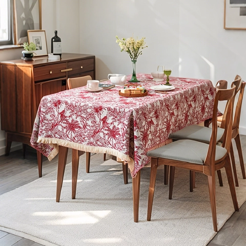 French Vintage Toile de Jouy Polyester Jacquard Tablecloth Rectangular Table Cover With Tassel For Dining Home Decor