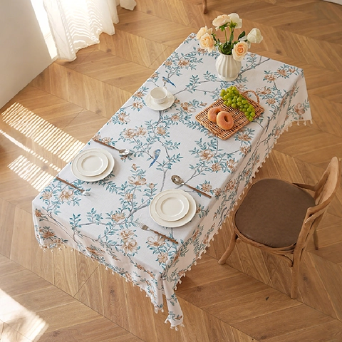 Mantel de Poliéster Estampado de Flores y Pájaros Estilo Pastoral Americano Rectangular Textura de Lino con Borla Decoración