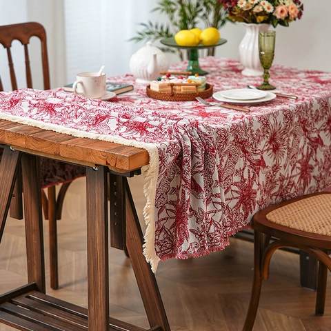 French Vintage Toile de Jouy Polyester Jacquard Tablecloth Rectangular Table Cover With Tassel For Dining Home Decor