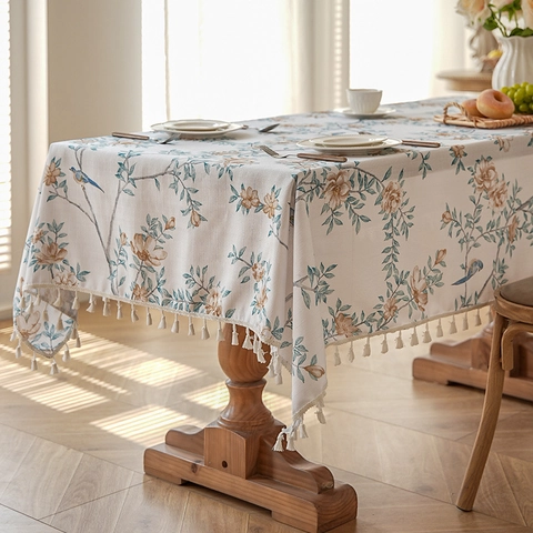 Mantel de Poliéster Estampado de Flores y Pájaros Estilo Pastoral Americano Rectangular Textura de Lino con Borla Decoración