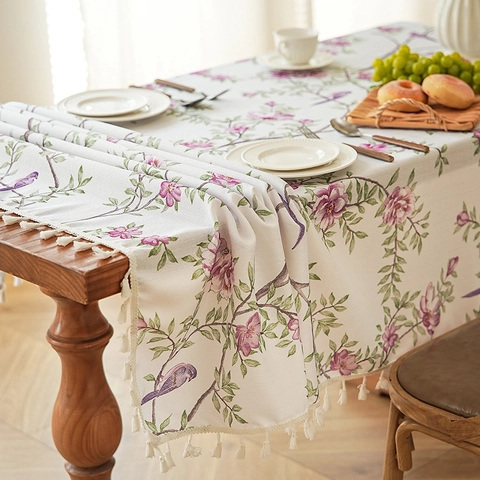 American Pastoral Floral And Bird Printed Rectangular Polyester Tablecloth With Tassels Dustproof Home Decor Table Cover