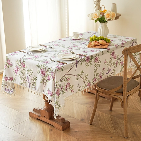 American Pastoral Floral And Bird Printed Rectangular Polyester Tablecloth With Tassels Dustproof Home Decor Table Cover