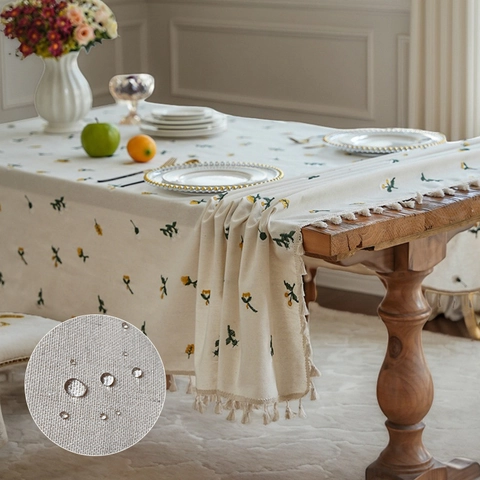 Waterproof Polyester Cotton Tablecloth With Dandelion Embroidery Rural Tassel Edge Rectangle Dining Table Cover Decor